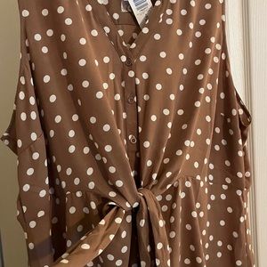 torrid Brown and White Polka Dot Button-Front Tie Shirt